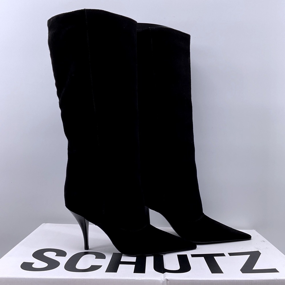 Schutz Black Suede Pointed Toe Knee High Stiletto Boots Womens 9.5B Brazil